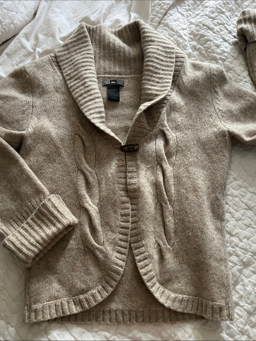 REI Gray Knit Lambswool Cardigan with Black Logo Patch